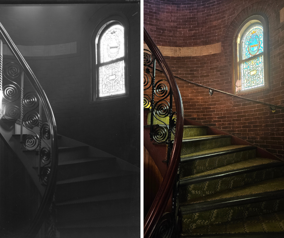 Left: Historic photograph of the spiral staircase in the Hubbard Memorial Library, ca. 1895-1920. Right: Modern photograph of the staircase in 2024.